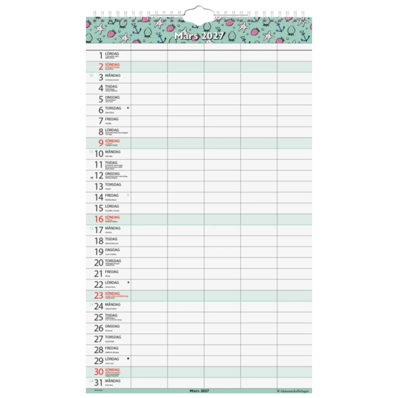 Familjekalender Helår 2027 5 kolumner | 25×42 cm