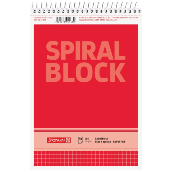 Anteckningsblock med spiral | A5, rutat, 50 blad / 100 sidor, röd