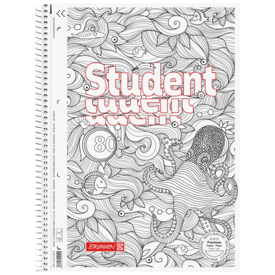 Anteckningsbok Premium Student “Bläckfisk” ZENart | A4, linjal 28, 80 blad / 160 sidor, vit