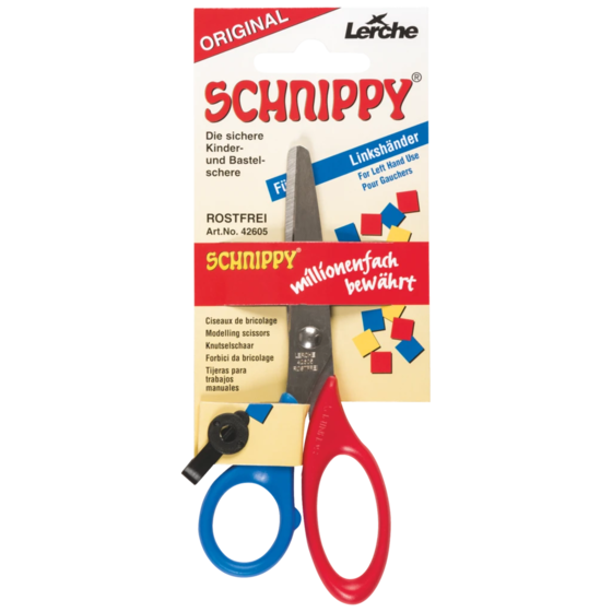 Hantverkssax “Schnippy” Vänsterhänt | rundade, 130 mm, röd/blå