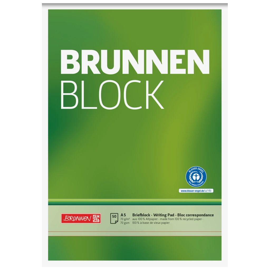 Brevpapper “BRUNNEN Block” Recycling | A5, linjal 6, 50 blad / 100 sidor, grön