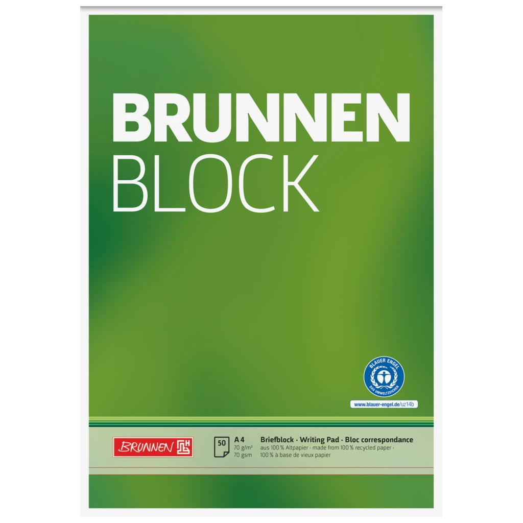 Brevpapper “BRUNNEN Block” Recycling | A4, linjal 20, 50 blad / 100 sidor, grön