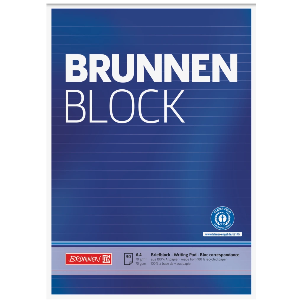 Brevpapper “BRUNNEN Block” Recycling | A4, linjal 21, 50 blad / 100 sidor, blå