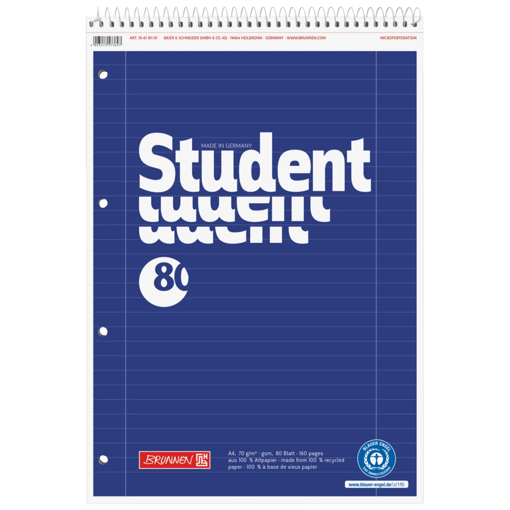 Kollegieblock Student Recycling head spiral bound | A4, linjal 27, 80 blad / 160 sidor, blå
