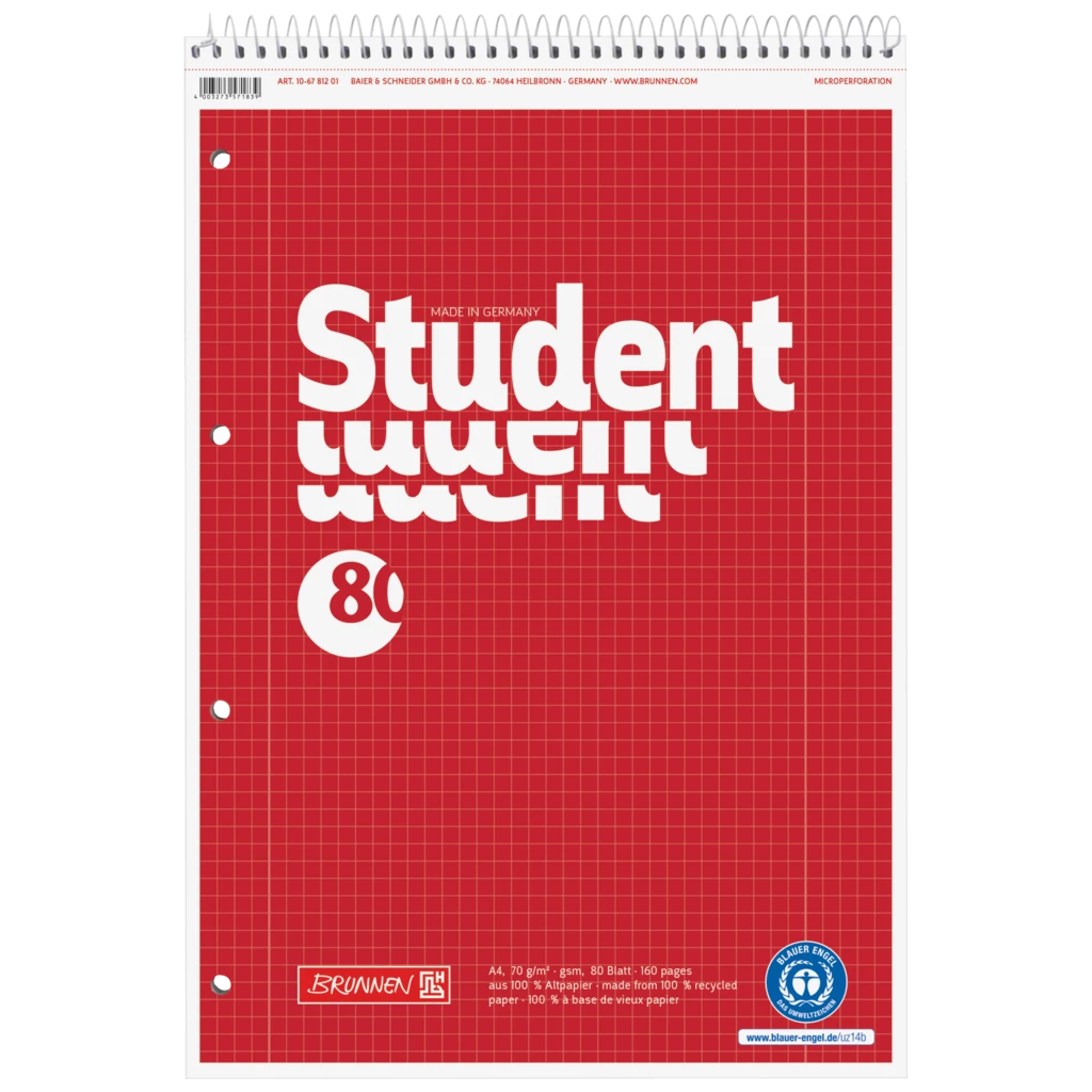 Kollegieblock Student Recycling head spiral bound | A4, linjal 28, 80 blad / 160 sidor, röd