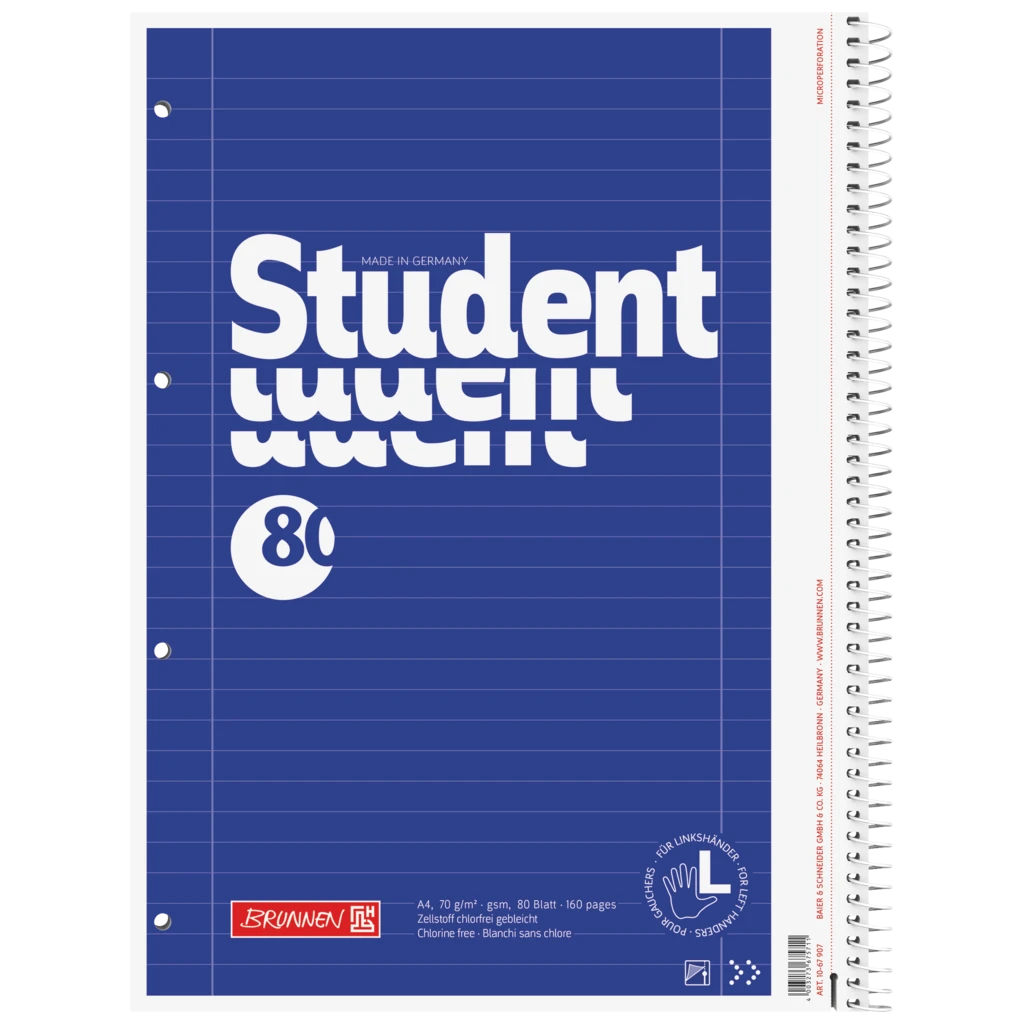 Kollegieblock Student for left-handers | A4, linjal 27, 80 blad / 160 sidor, blå