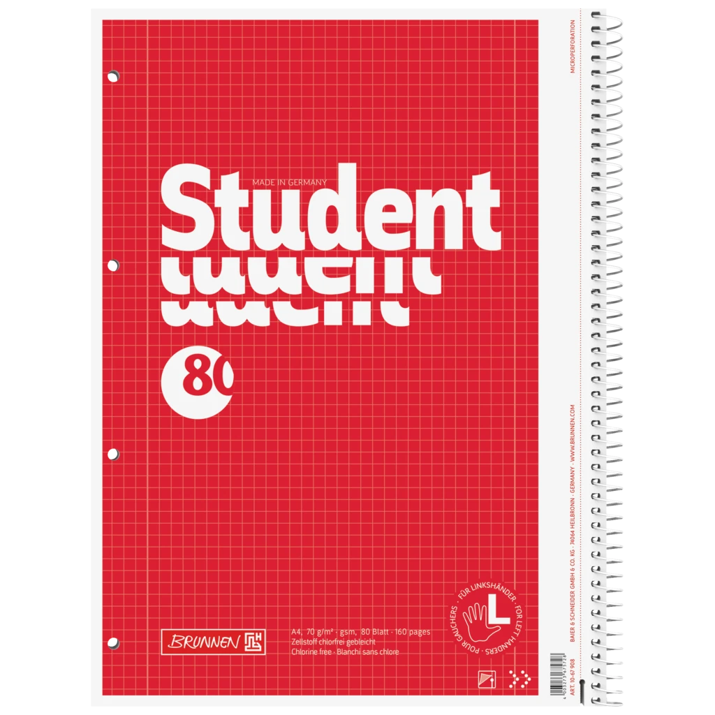 Kollegieblock Student for left-handers | A4, linjal 28, 80 blad / 160 sidor, röd
