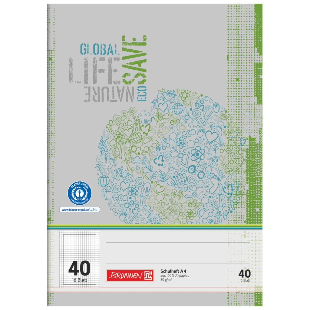 Övningsbok Recycling | A4, linjal 40, 16 blad / 32 sidor, grön/grå
