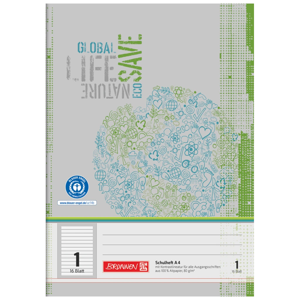 Övningsbok Recycling | A4, linjal 1, 16 blad / 32 sidor, grön/grå