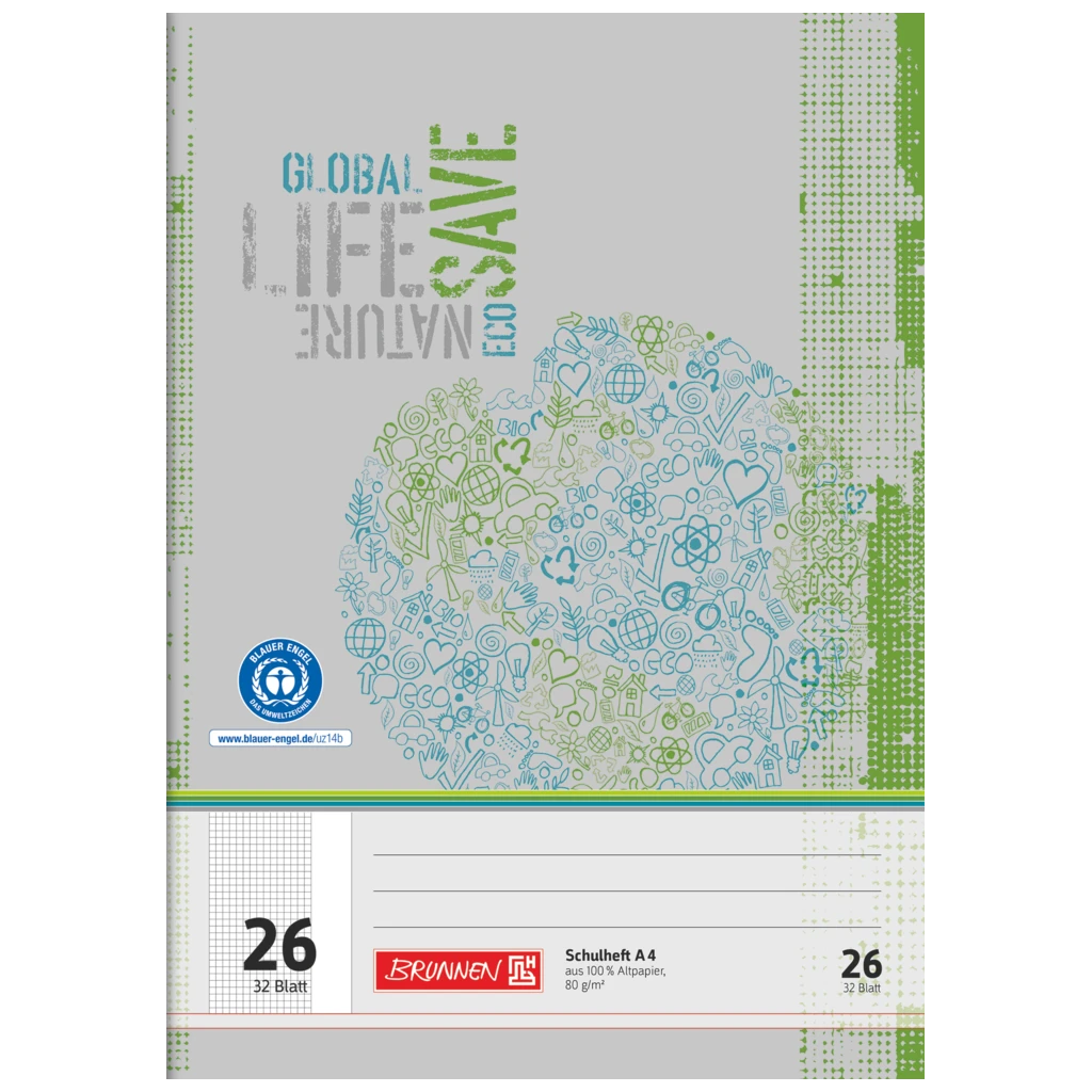 Övningsbok Recycling | A4, linjal 26, 32 blad / 64 sidor, grön/grå