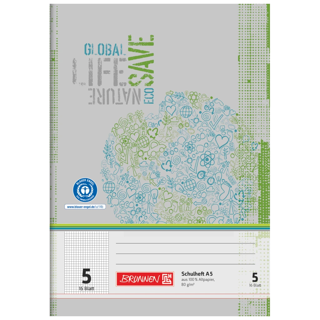 Övningsbok Recycling | A5, linjal 5, 16 blad / 32 sidor, grön/grå