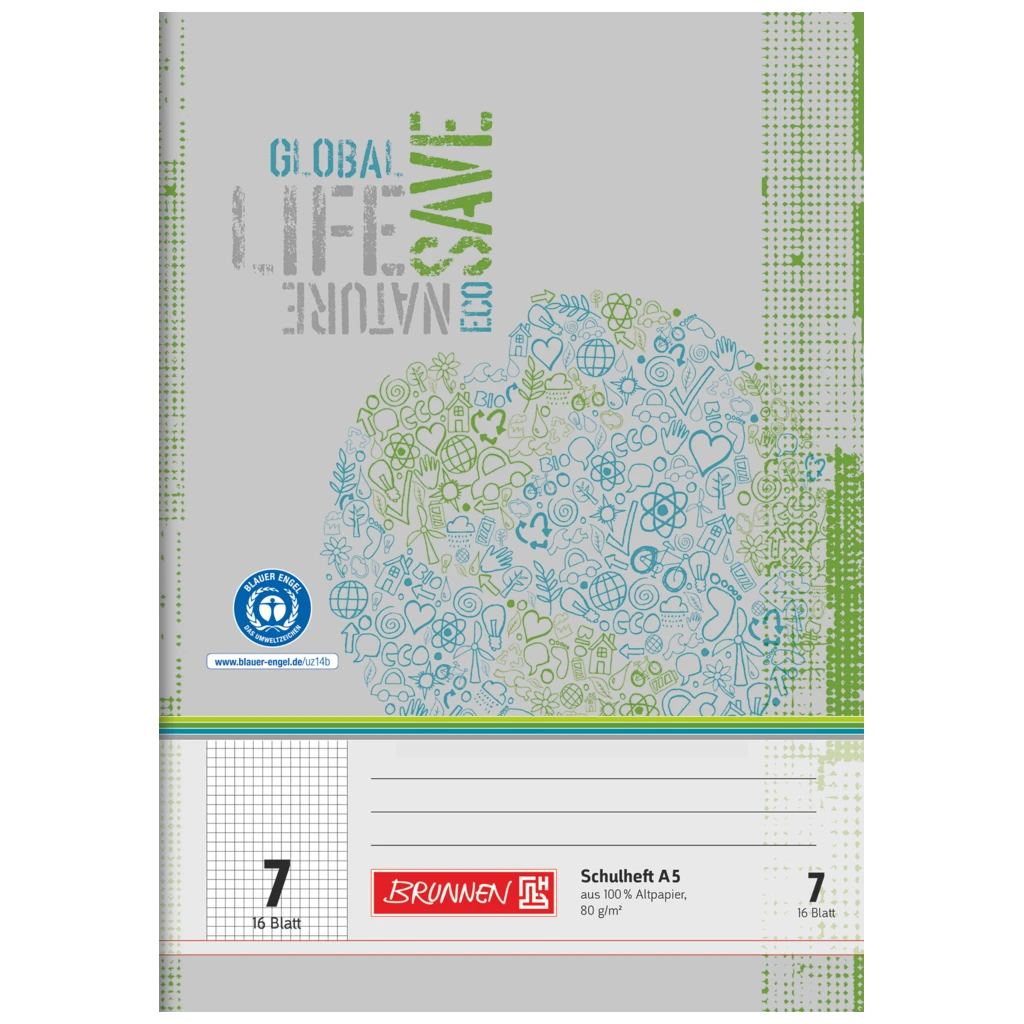 Övningsbok Recycling | A5, linjal 7, 16 blad / 32 sidor, grön/grå