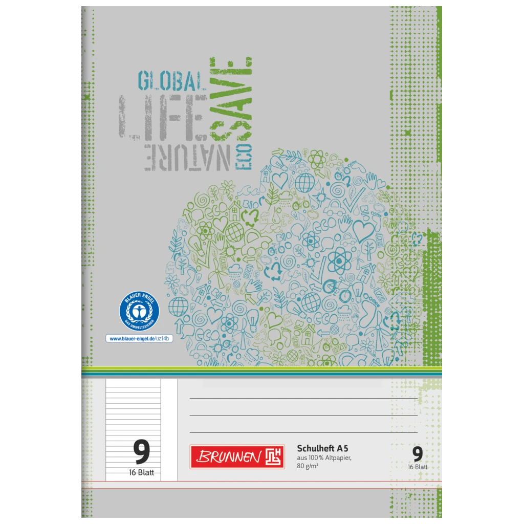 Övningsbok Recycling | A5, linjal 9, 16 blad / 32 sidor, grön/grå