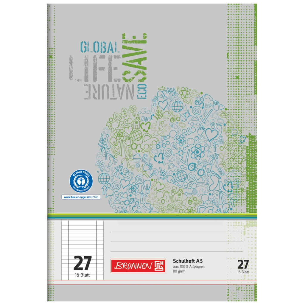 Övningsbok Recycling | A5, linjal 27, 16 blad / 32 sidor, grön/grå