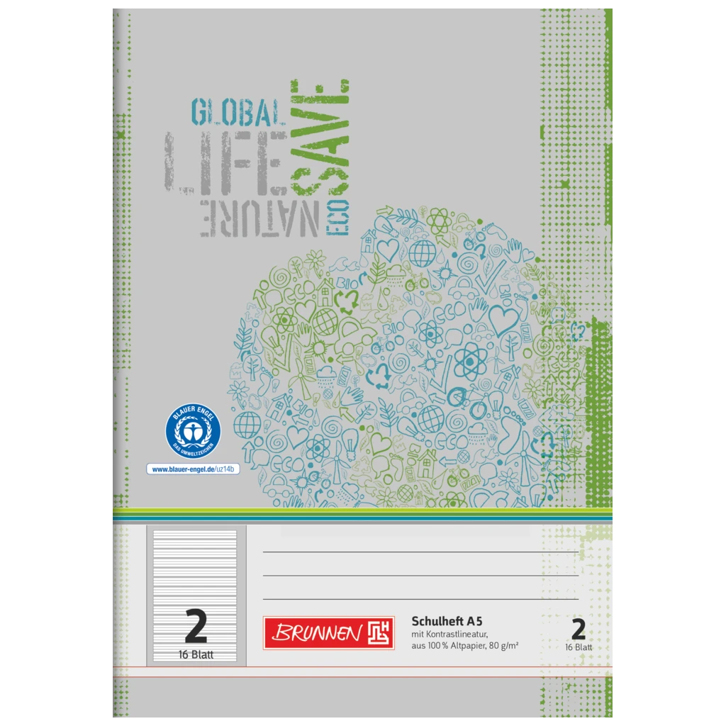Övningsbok Recycling | A5, linjal 2, 16 blad / 32 sidor, grön/grå