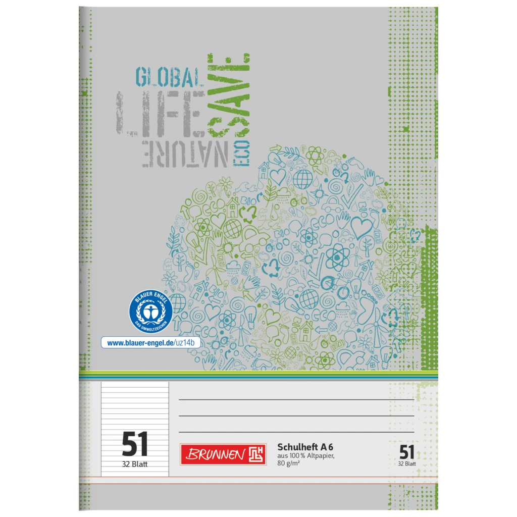 Övningsbok Recycling | A6, linjal 51, 32 blad / 64 sidor, grön/grå