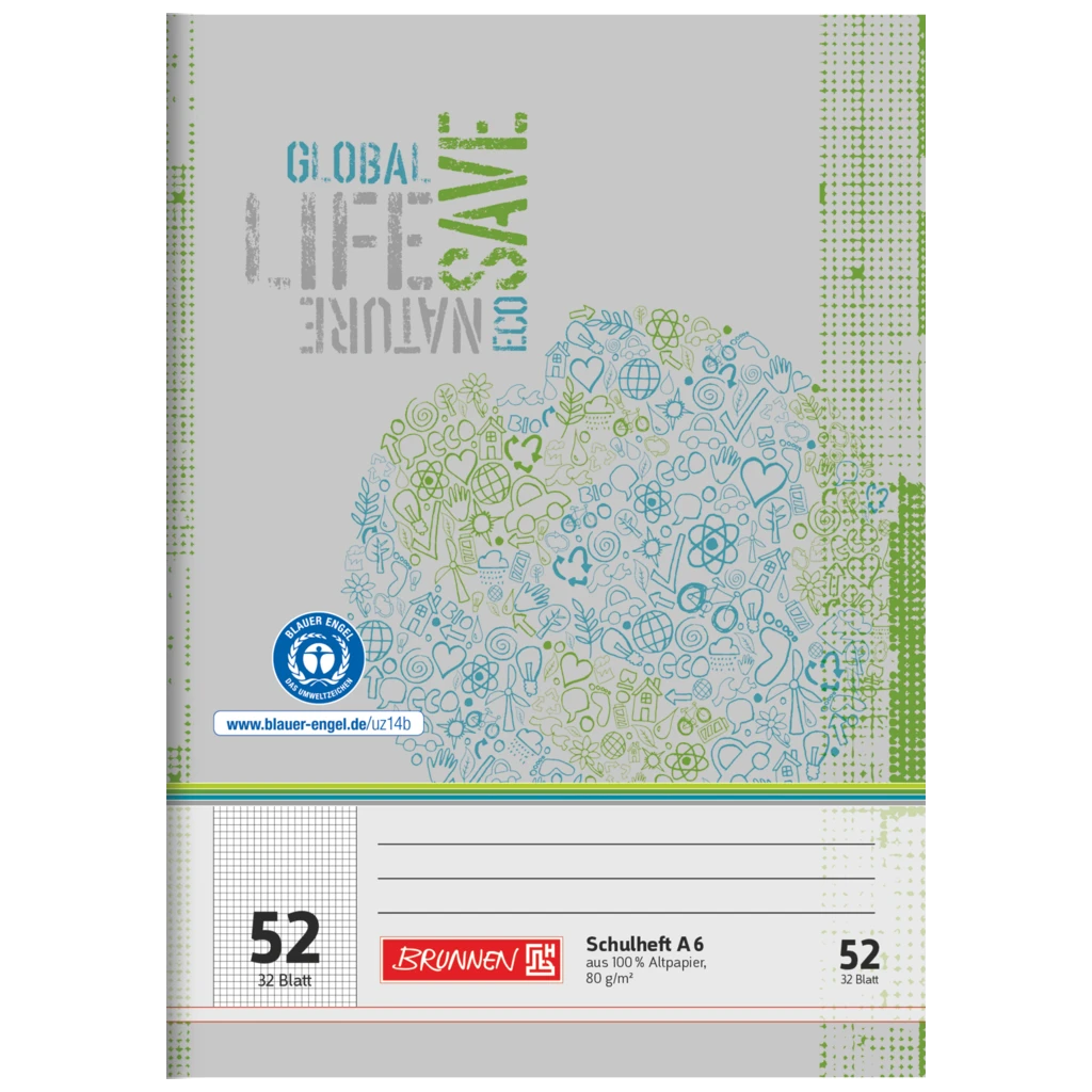Övningsbok Recycling | A6, linjal 52, 32 blad / 64 sidor, grön/grå