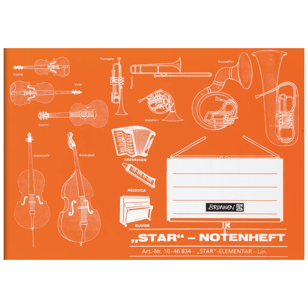 Star anteckningsbok | A5 quer, notlinjer för musik, 8 blad / 16 sidor, orange