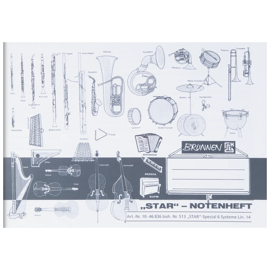 Star anteckningsbok | A5 quer, notlinjer för musik, 8 blad / 16 sidor, vit