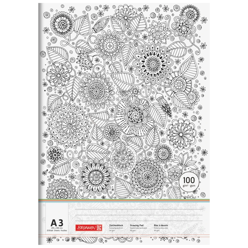 Skissblock “Floral” ZENart | A3, 20 blad, vit/svart