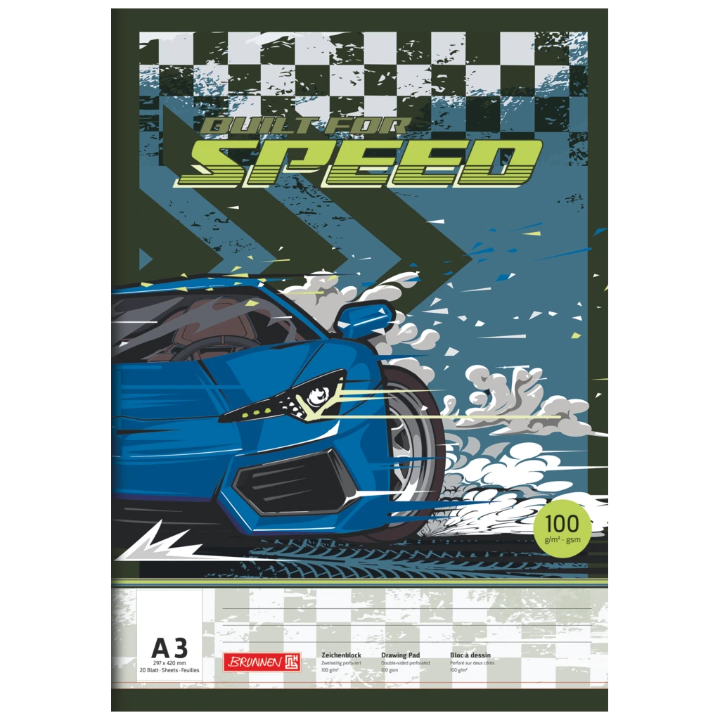 Skissblock Fast Wheels | A3, 20 blad, blå/mångfärgad