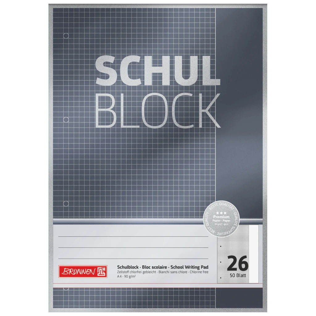 Skolblock Premium | A4, linjal 26, 50 blad, grå