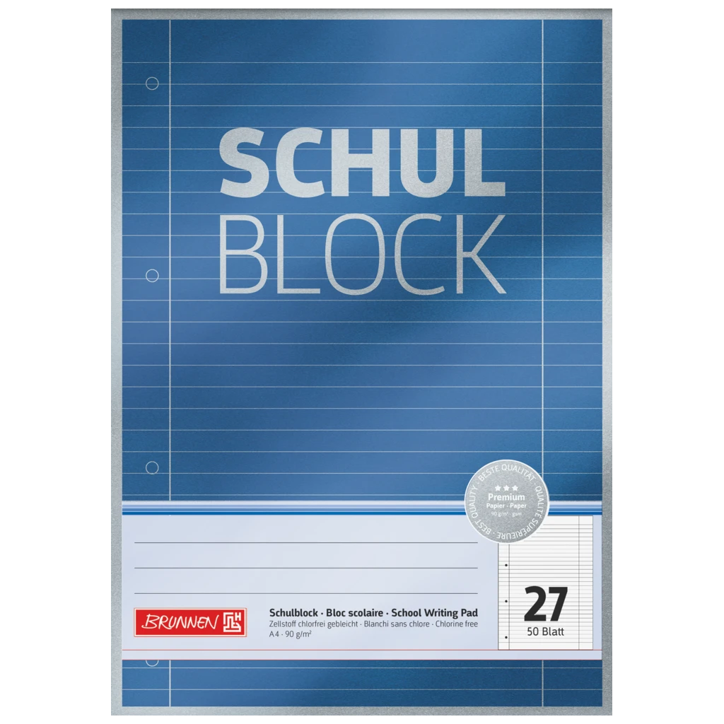 Skolblock Premium | A4, linjal 27, 50 blad, blå