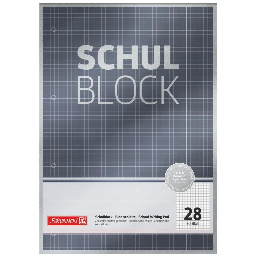 Skolblock Premium | A4, linjal 28, 50 blad, grå