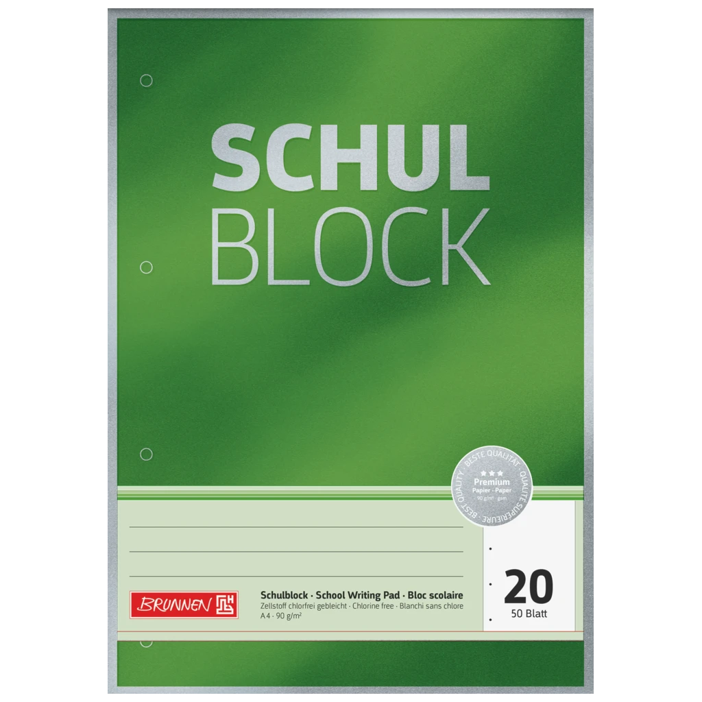 Skolblock Premium | A4, linjal 20, 50 blad, grön