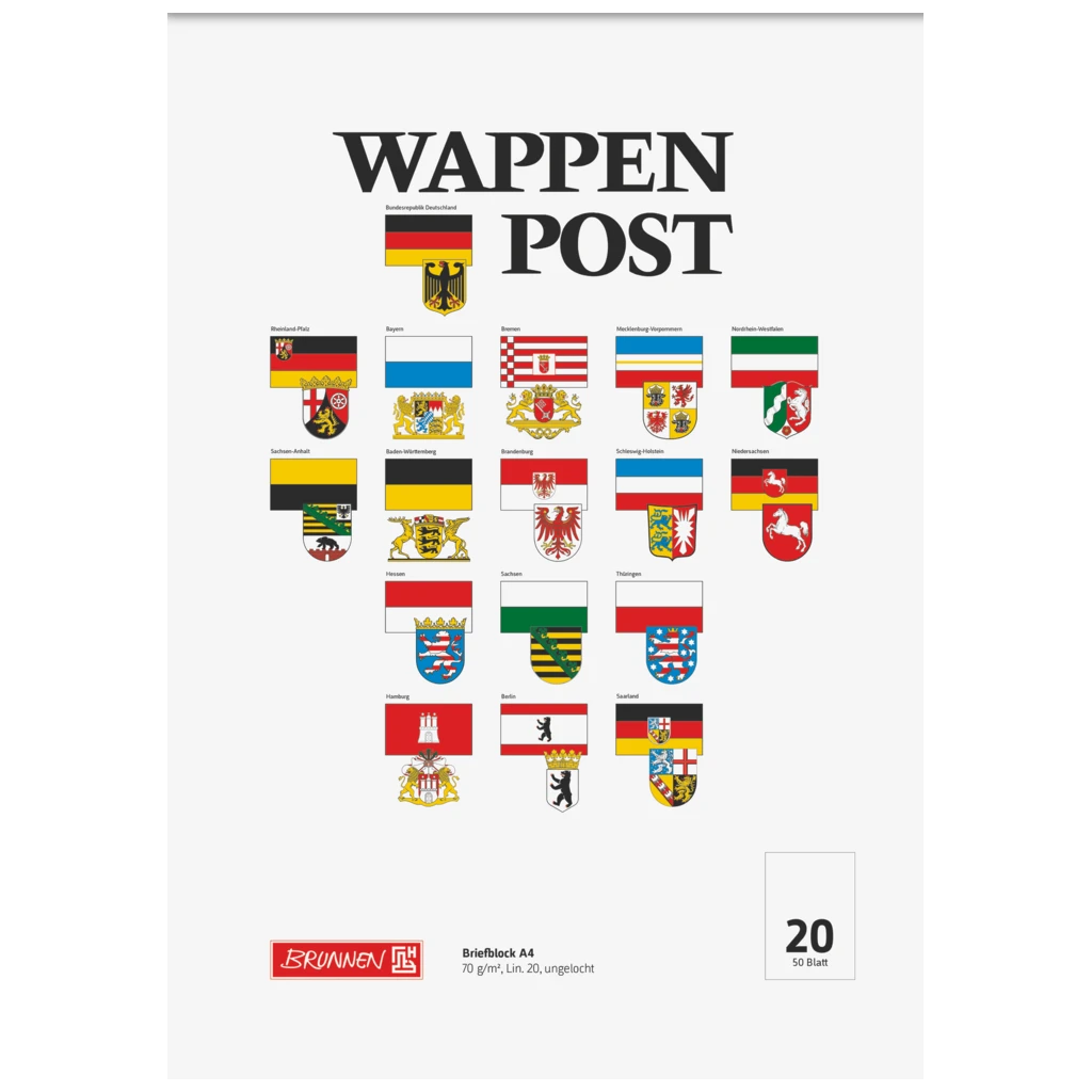 Brevpapper “Wappen-Post” | A4, linjal 20, 50 blad / 100 sidor, mångfärgad
