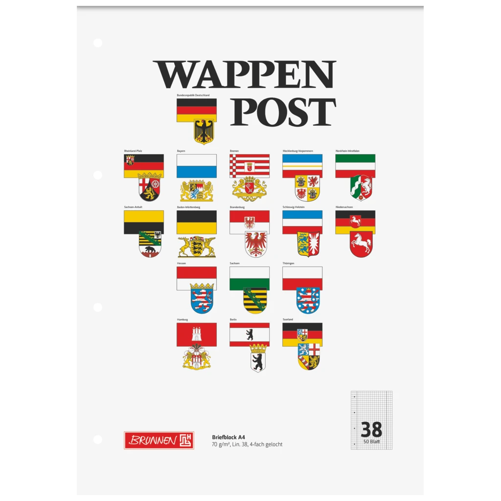 Brevpapper “Wappen-Post” perforerad | A4, linjal 38, 50 blad / 100 sidor, mångfärgad