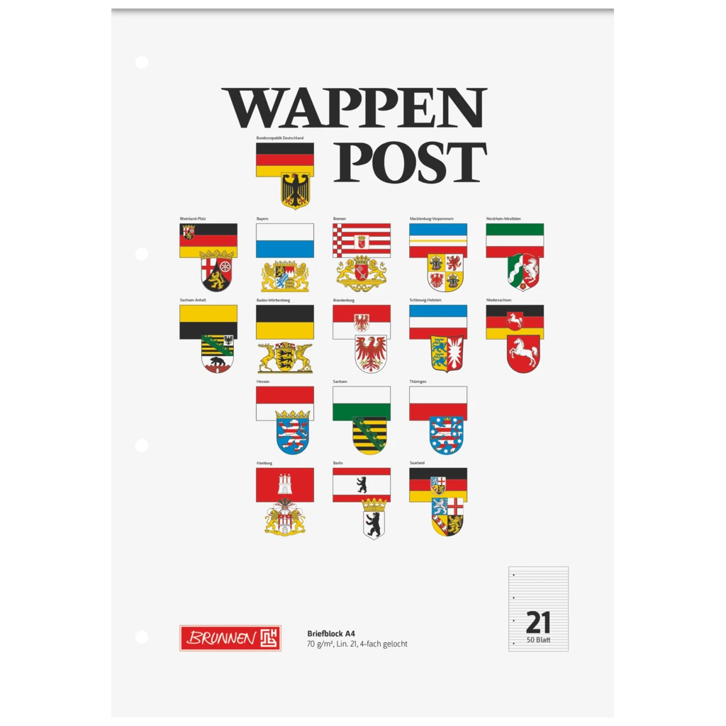 Brevpapper “Wappen-Post” perforerad | A4, linjal 21, 50 blad / 100 sidor, mångfärgad