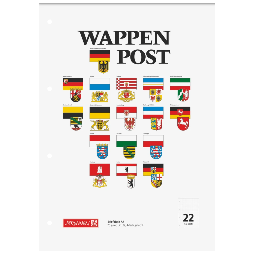 Brevpapper “Wappen-Post” perforerad | A4, linjal 22, 50 blad / 100 sidor, mångfärgad