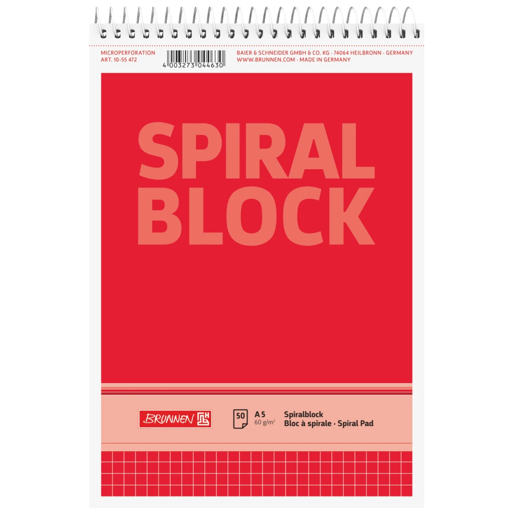 Anteckningsblock med spiral | A5, rutat, 50 blad / 100 sidor, röd