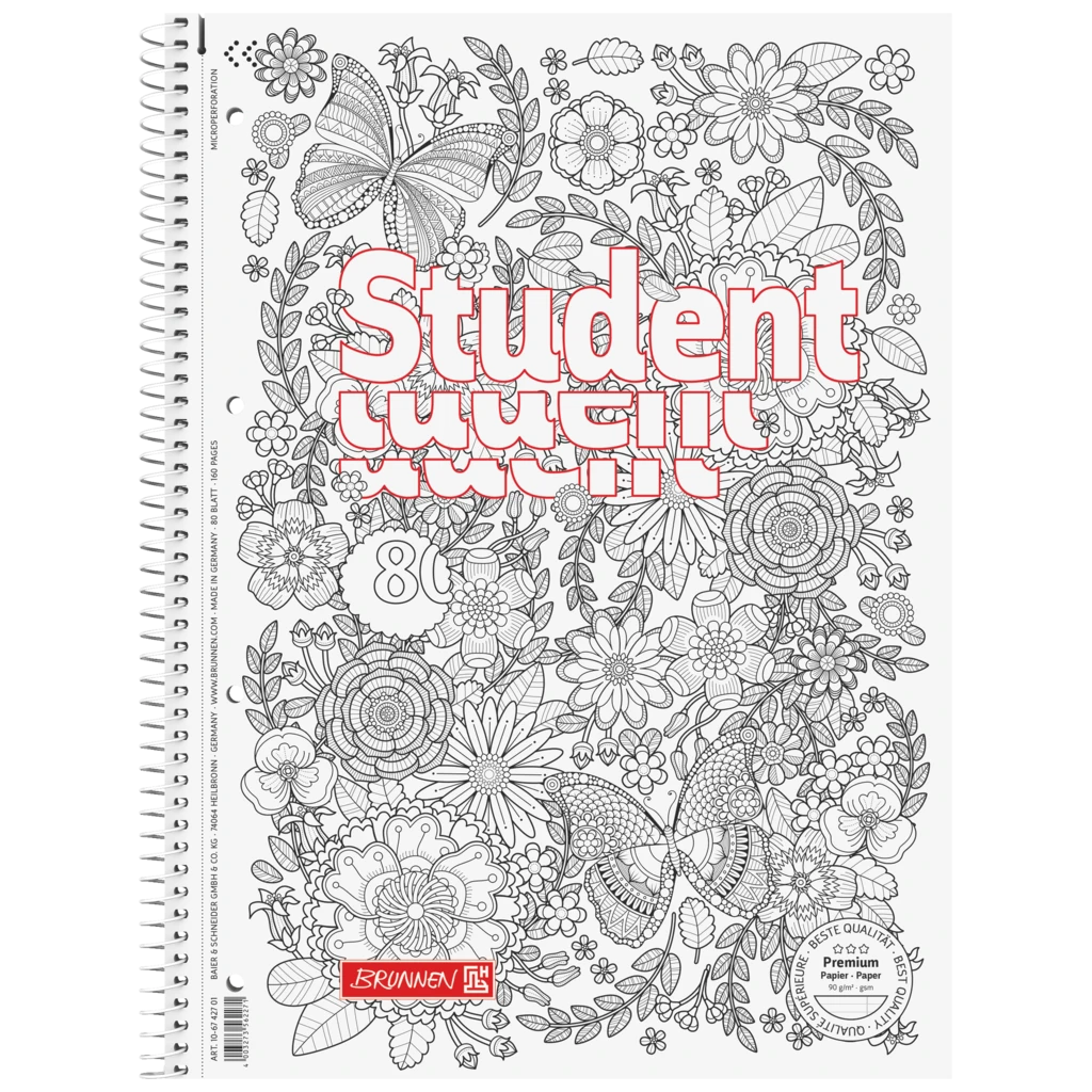 Kollegieblock Premium Student “Fjäril” ZENart | A4, linjal 27, 80 blad / 160 sidor, vit
