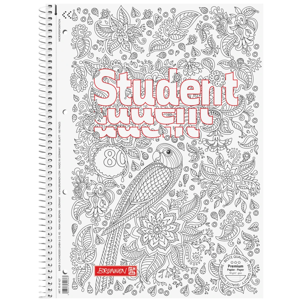 Kollegieblock Premium Student “Papegoja” ZENart | A4, linjal 27, 80 blad / 160 sidor, vit