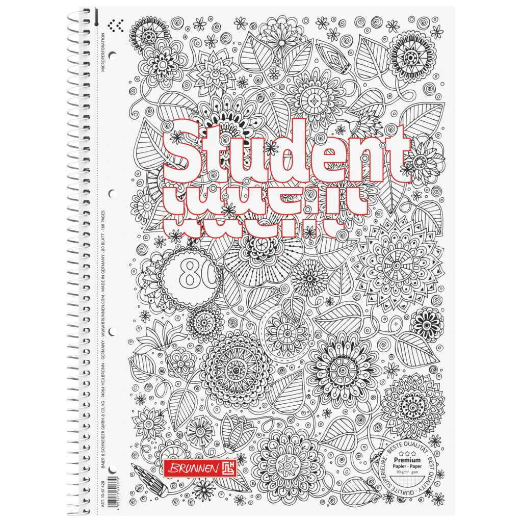 Kollegieblock Premium Student “Floral” ZENart | A4, linjal 28, 80 blad / 160 sidor, vit