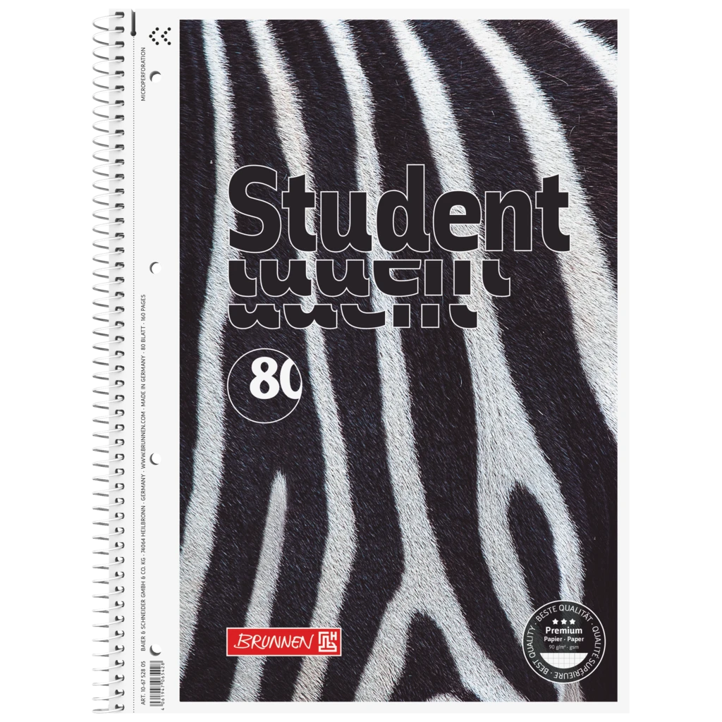 Kollegieblock Premium Student “Zebra” | A4, linjal 28, 80 blad / 160 sidor, vit/svart