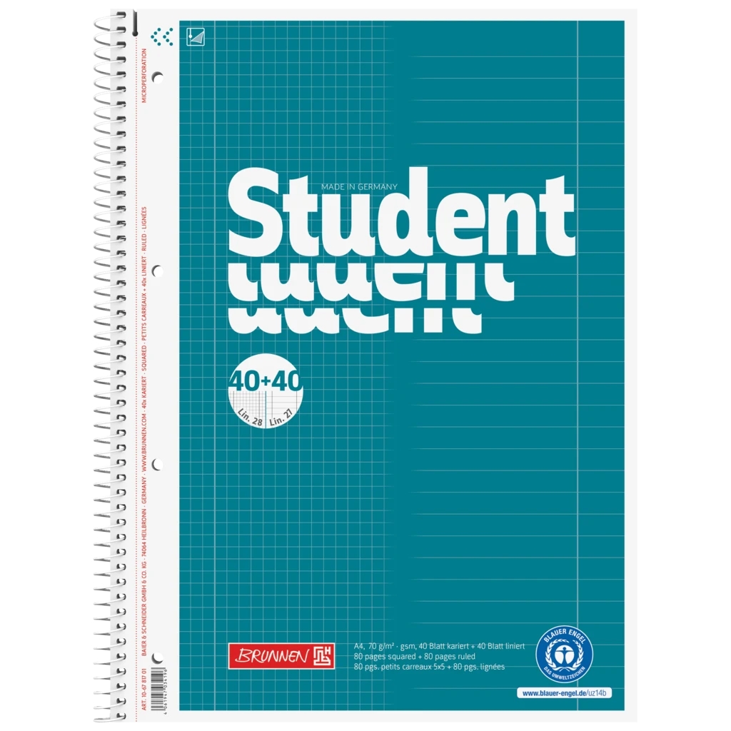 Kollegieblock Student “DUO” Recycling | A4, rutat/linjerad, 80 blad / 160 sidor, petrol