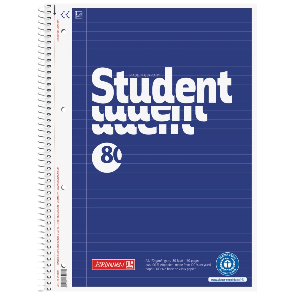 Kollegieblock Student Recycling | A4, linjal 21, 80 blad / 160 sidor, blå