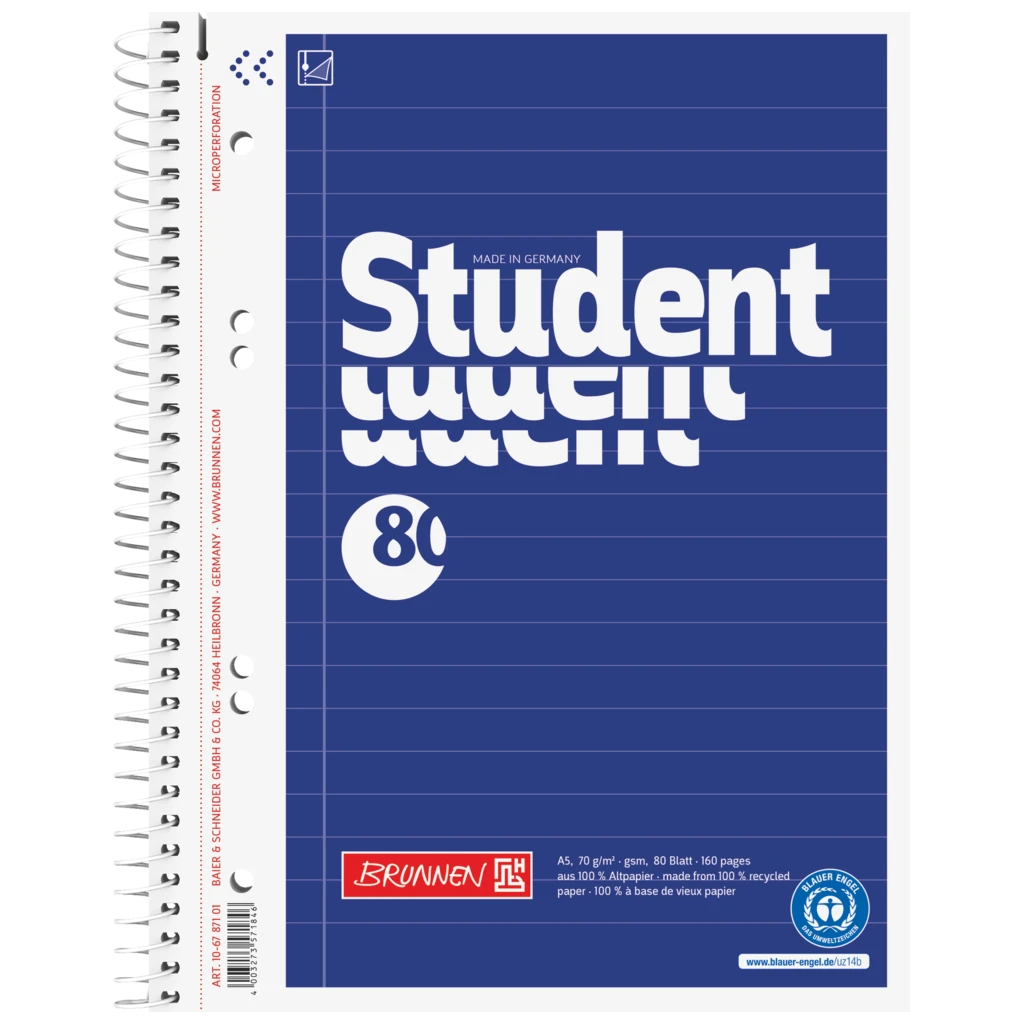 Kollegieblock Student Recycling | A5, linjal 4, 80 blad / 160 sidor, blå