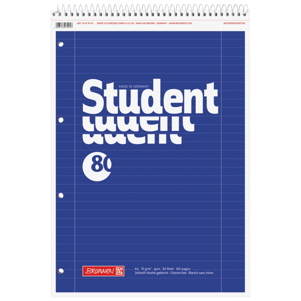 Kollegieblock Student head spiral bound | A4, linjal 27, 80 blad / 160 sidor, blå