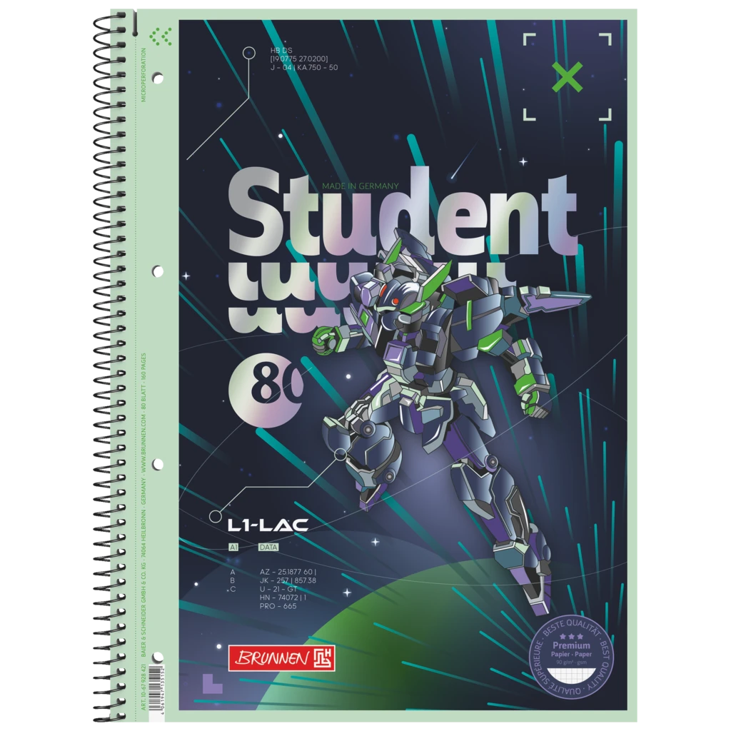 Kollegieblock Premium Student Robot Heroes | A4, linjal 28, 80 blad / 160 sidor, mörkblå/mint