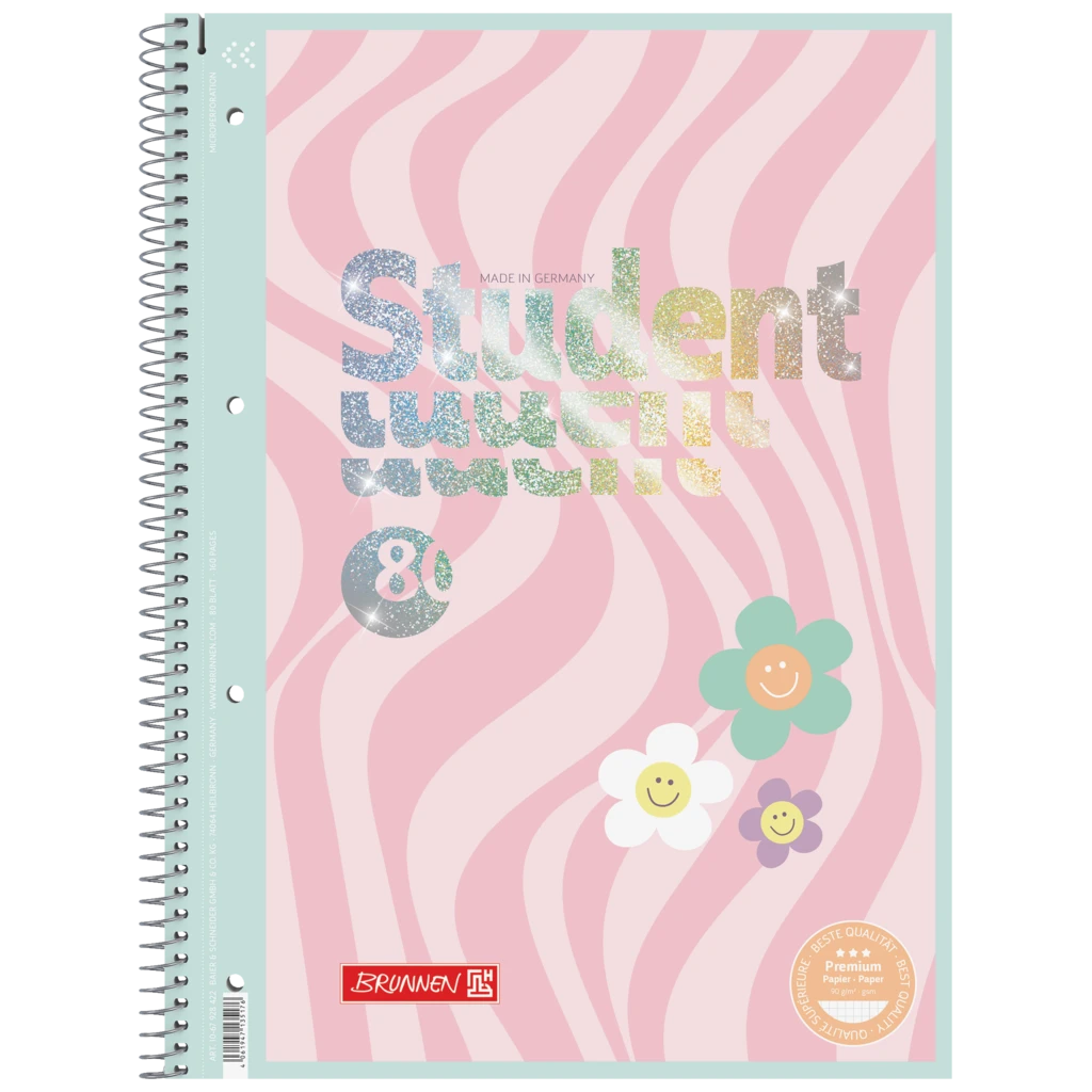 Kollegieblock Premium Student Happy Hippie | A4, linjal 28, 80 blad / 160 sidor, rosa/mint