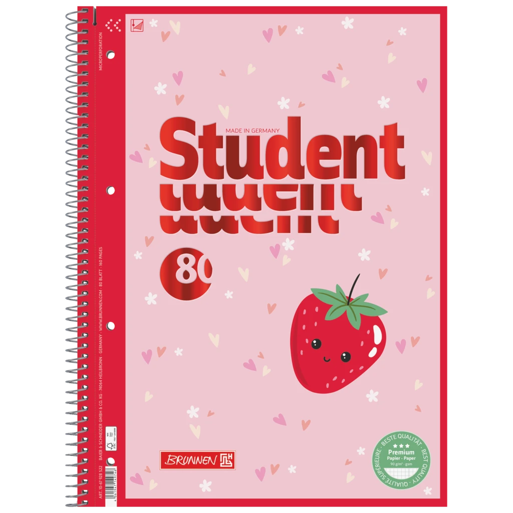 Anteckningsbok Premium Student Fruity Love | A4, linjal 28, 80 blad / 160 sidor, rosa/mångfärgad