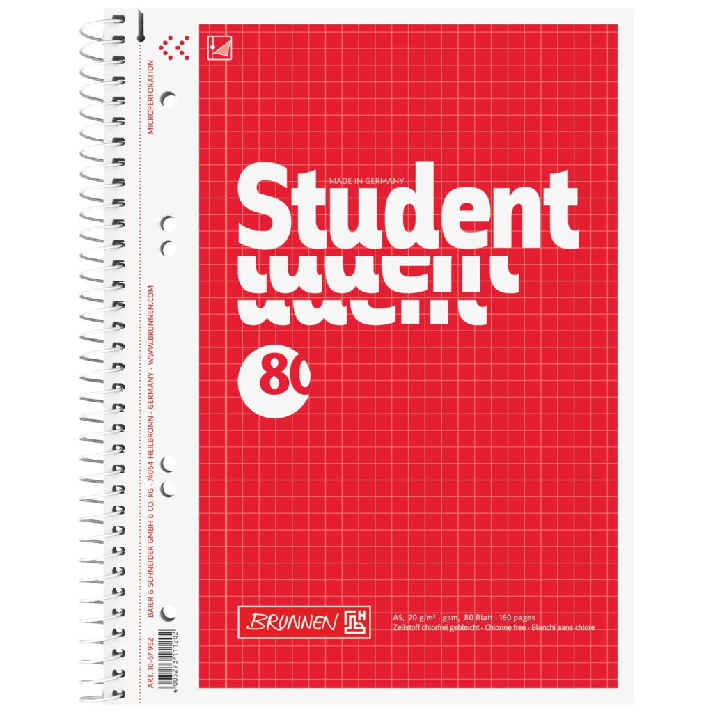 Kollegieblock Student | A5, linjal 5, 80 blad / 160 sidor, röd
