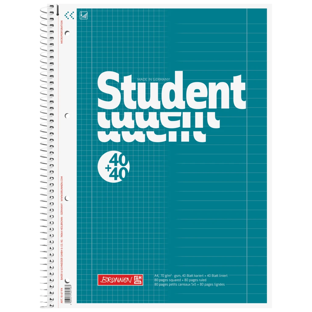 Kollegieblock Student “DUO” | A4, rutat/linjerad, 80 blad / 160 sidor, petrol