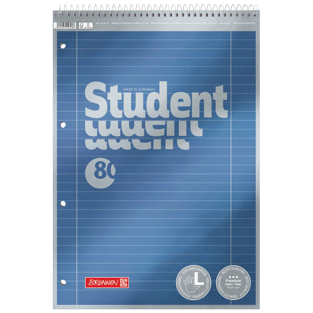 Anteckningsbok Premium Student spiral topp | A4, linjal 27, 80 blad / 160 sidor, blå