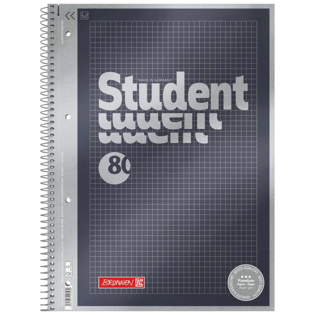 Kollegieblock Premium Student | A4, rutat, 80 blad / 160 sidor, antracit
