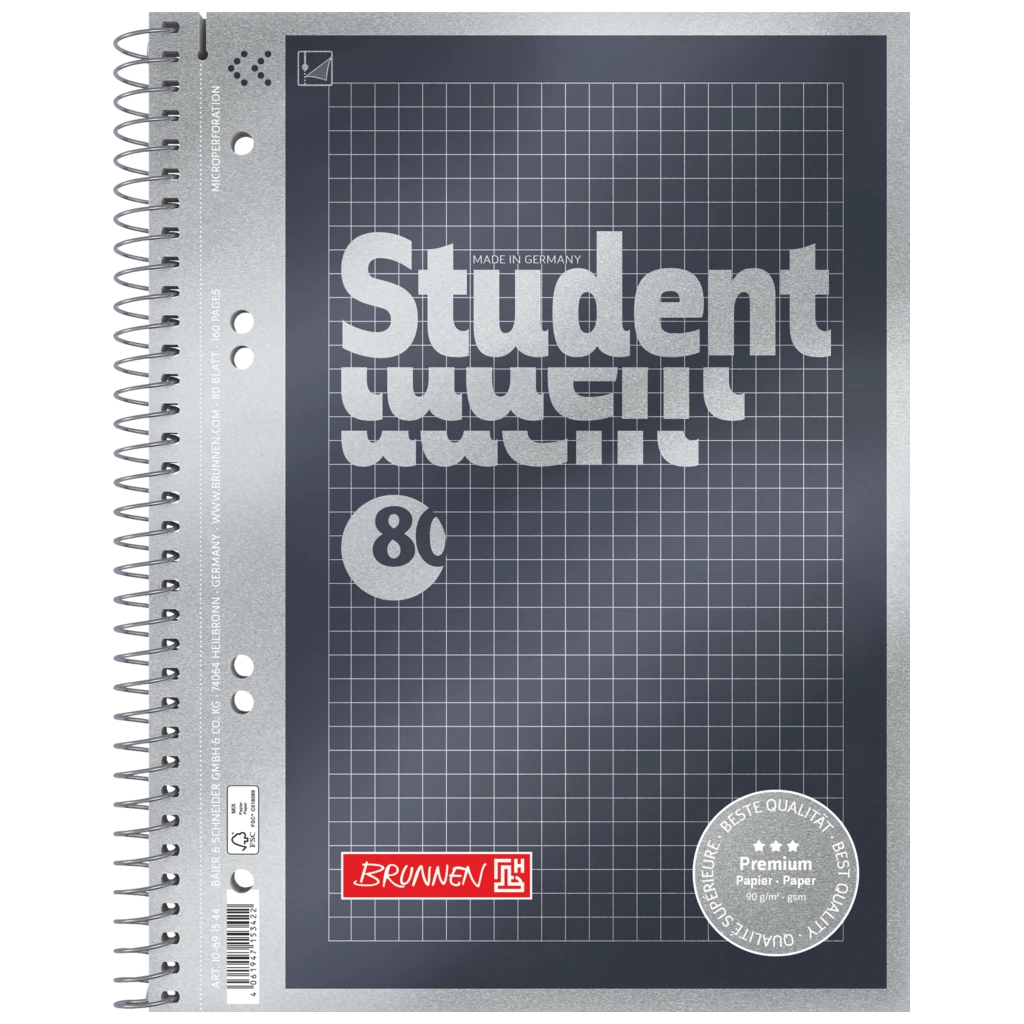 Anteckningsbok för college Premium Student | A5, rutat, 80 blad / 160 sidor, antracit